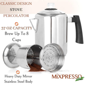 Mixpresso percolator on camp stove brewing outdoors with rich aroma.