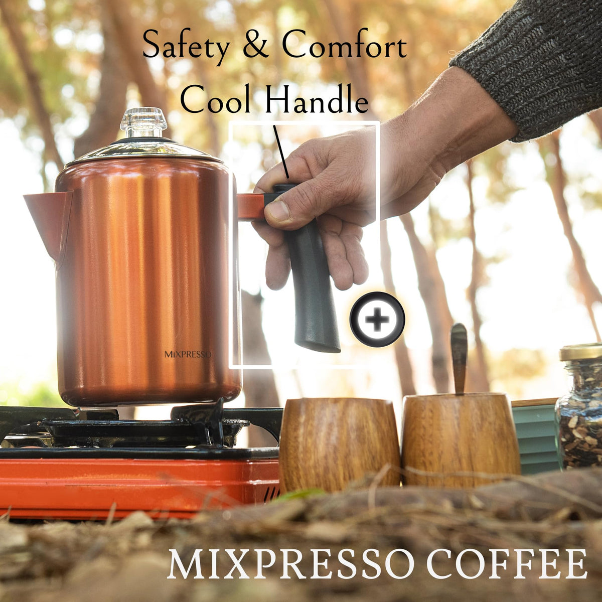 Outdoor brewing with the 37oz pot on a camp stove by Mixpresso.