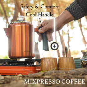 Outdoor brewing with the 37oz pot on a camp stove by Mixpresso.