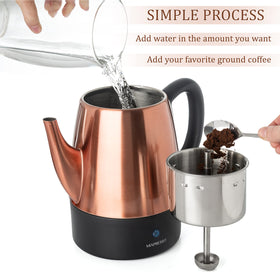 Mixpresso percolator pour spout in action delivering smooth coffee.