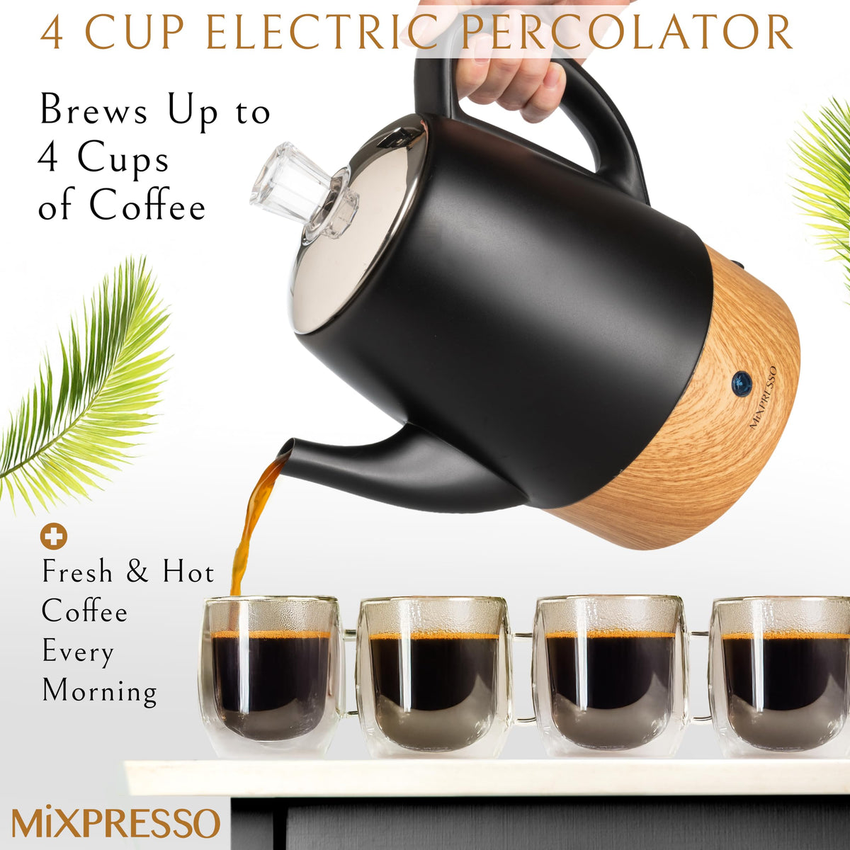 Mixpresso percolator side profile; stainless steel build suits busy kitchens