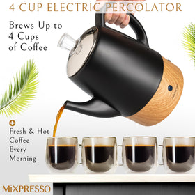 Mixpresso percolator side profile; stainless steel build suits busy kitchens