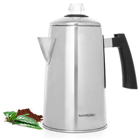 Mixpresso percolator on stovetop ready to brew 12 cups outdoors