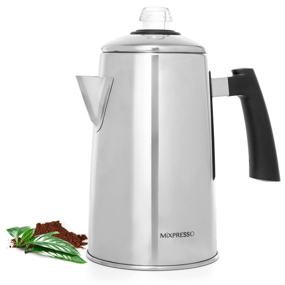 Mixpresso percolator on stovetop ready to brew 12 cups outdoors