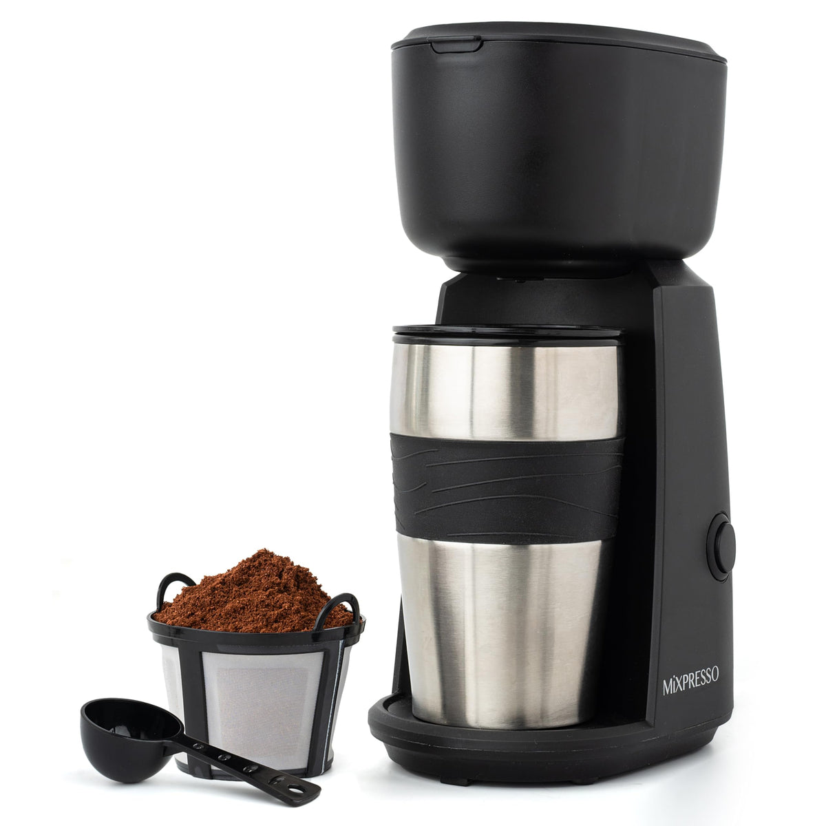 Mixpresso personal coffee maker front view, compact for small spaces.