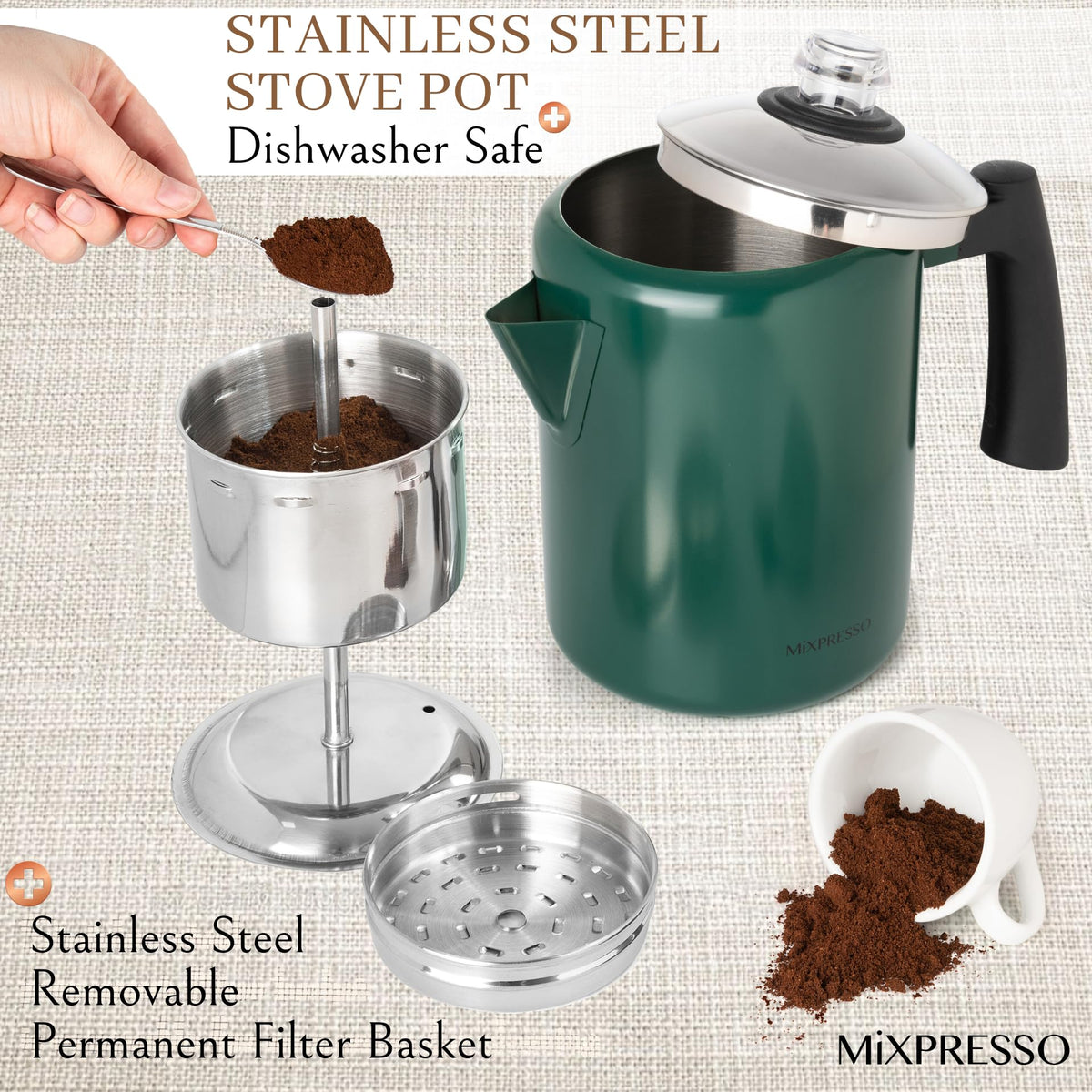Mixpresso camp-friendly coffee maker works on gas stoves or campfires.