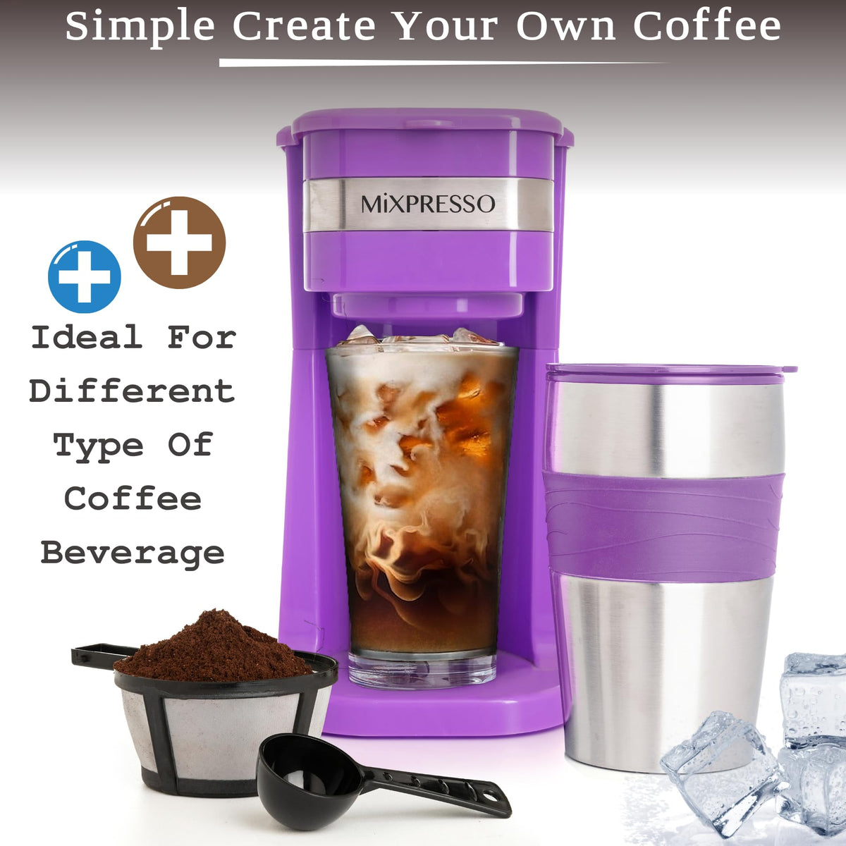 Mixpresso Purple 14oz travel mug ready for car cup holders
