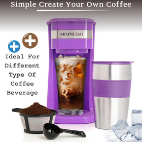 Mixpresso Purple 14oz travel mug ready for car cup holders