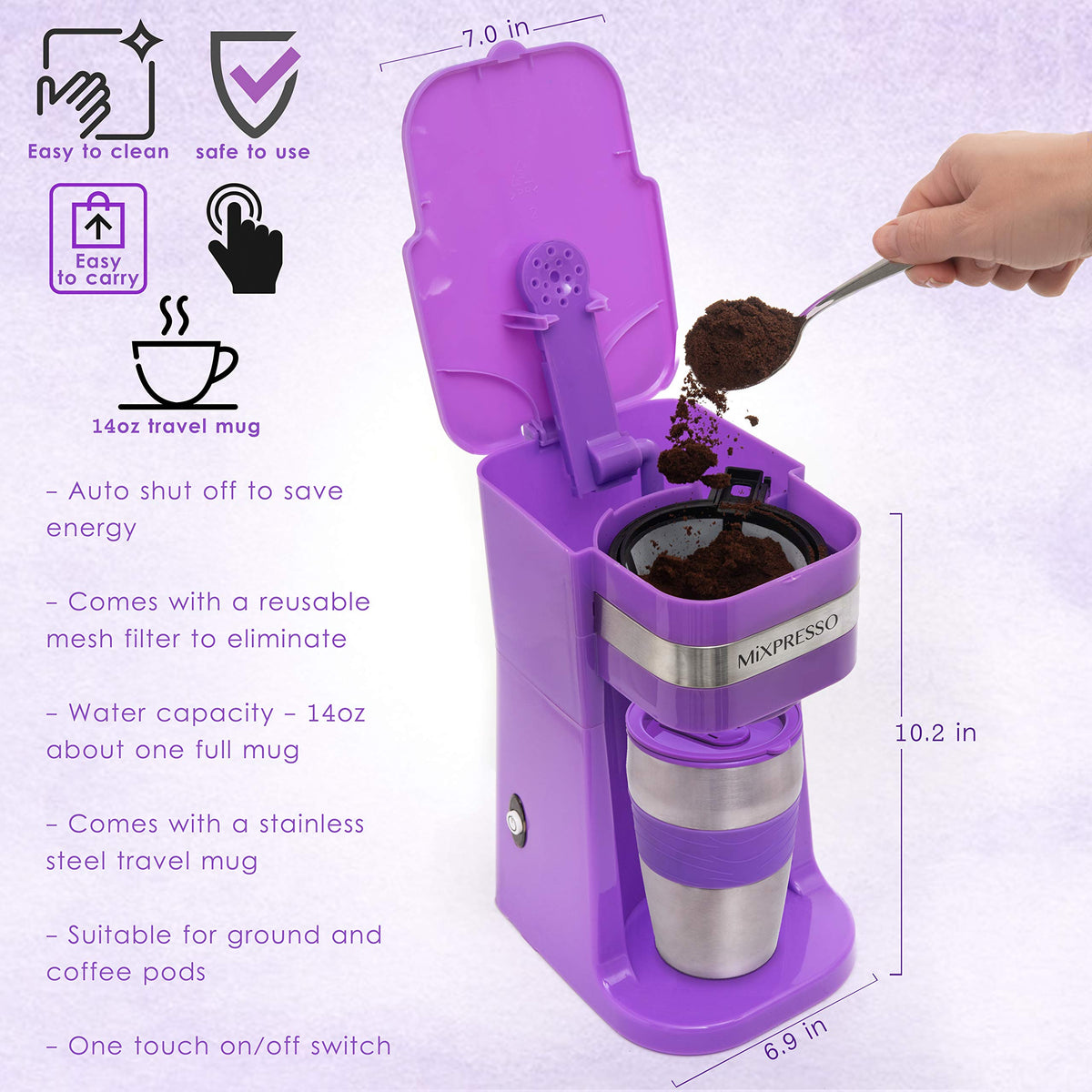Mixpresso Purple not compatible with K-Cup pods; uses ground coffee