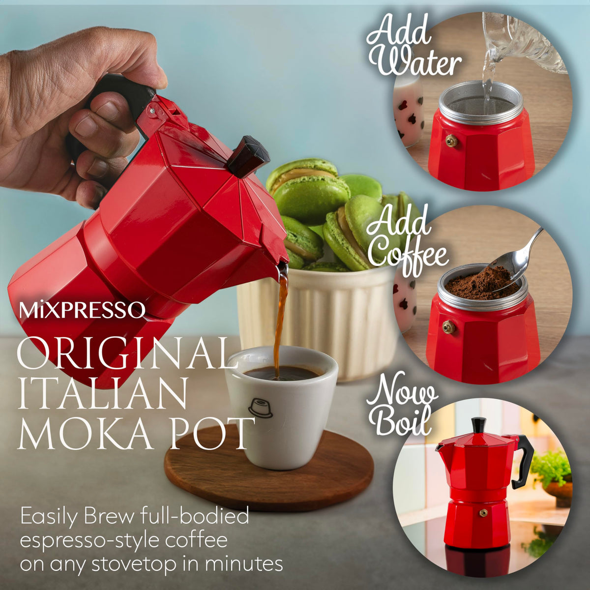 Mixpresso Red 3 Cup Moka Pot with 8-sided diffuser improving heat diffusion.