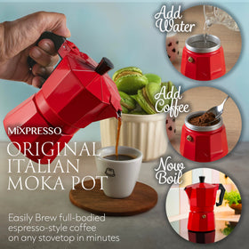Mixpresso Red 3 Cup Moka Pot with 8-sided diffuser improving heat diffusion.