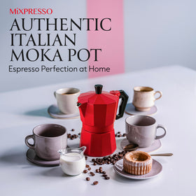 Mixpresso Red 3 Cup Moka Pot camping setup, outdoors-ready espresso.