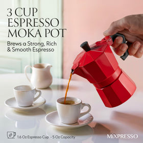 Mixpresso Red 3 Cup Moka Pot compact design saves counter space.