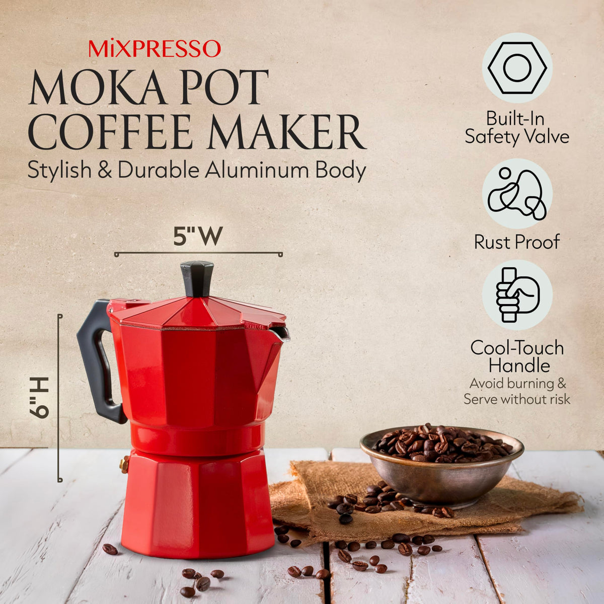 Mixpresso Red 3 Cup Moka Pot in full brew, rich espresso aroma.