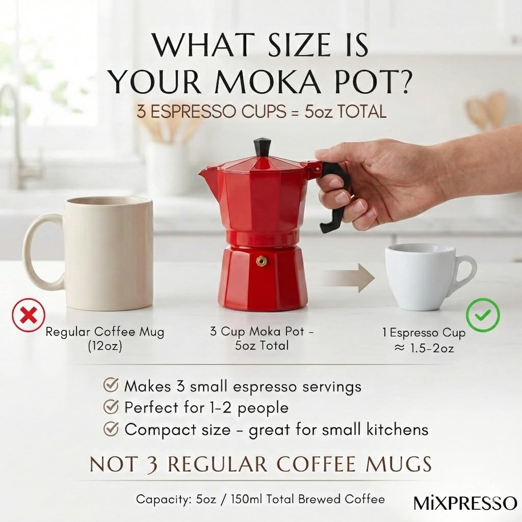 Mixpresso Red 3 Cup Moka Pot side handle, secure grip during brewing.