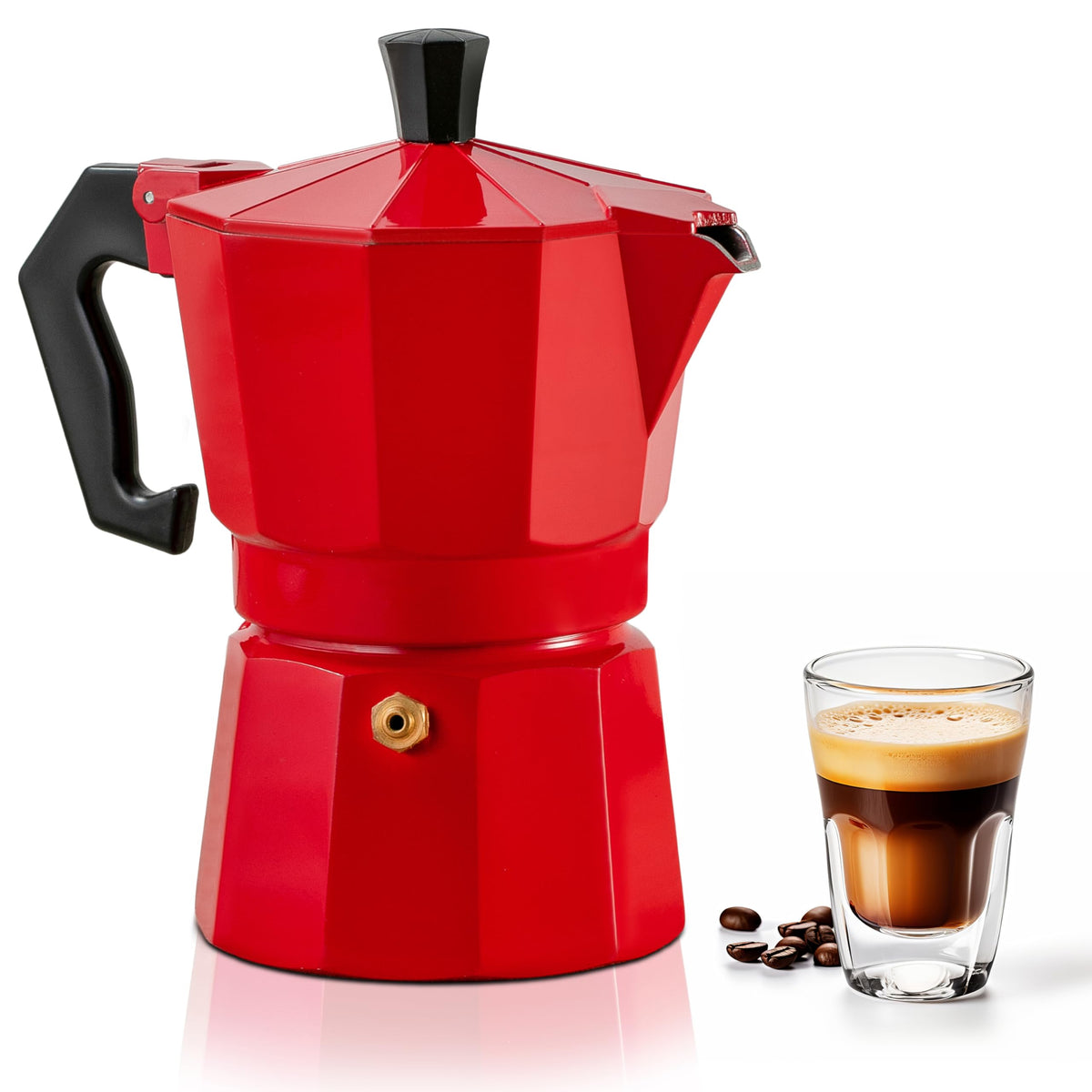 Mixpresso Red 3 Cup Moka Pot top view, compact and storage-friendly.