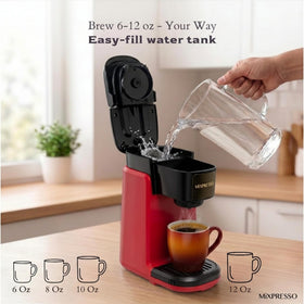 Mixpresso red brewer supports pod and ground coffee brewing