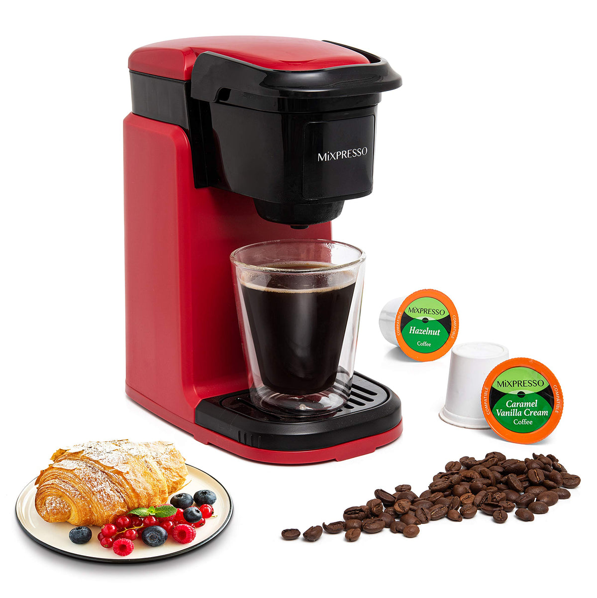 Mixpresso red single-serve coffee maker front view with quick brew appeal