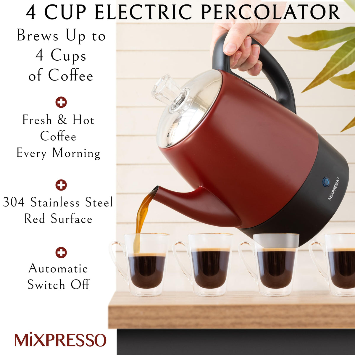 Mixpresso percolator brewing action demonstrates fast four-cup percolation.