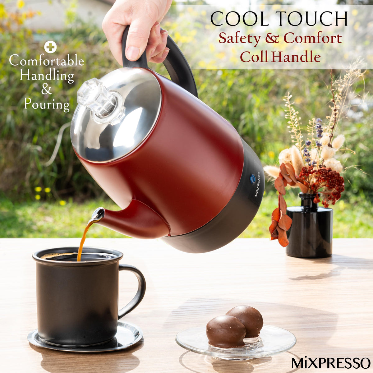 Mixpresso countertop-ready percolator fits compact kitchens and RV spaces.