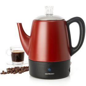 Mixpresso red small electric percolator front view showing compact design for cozy kitchens.