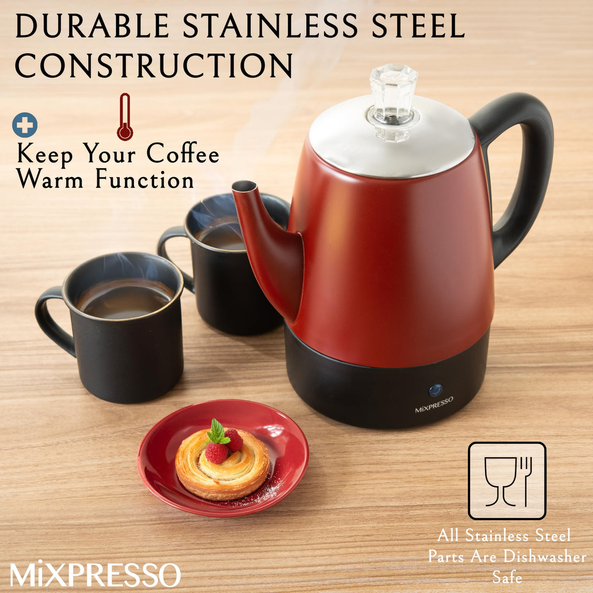 Mixpresso red percolator handle closeup emphasizes safe cool-touch grip.