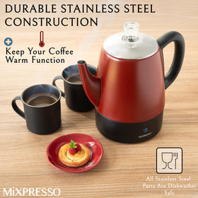 Mixpresso red percolator handle closeup emphasizes safe cool-touch grip.