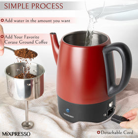 Mixpresso red percolator stainless steel body conveys durable, BPA-free design.