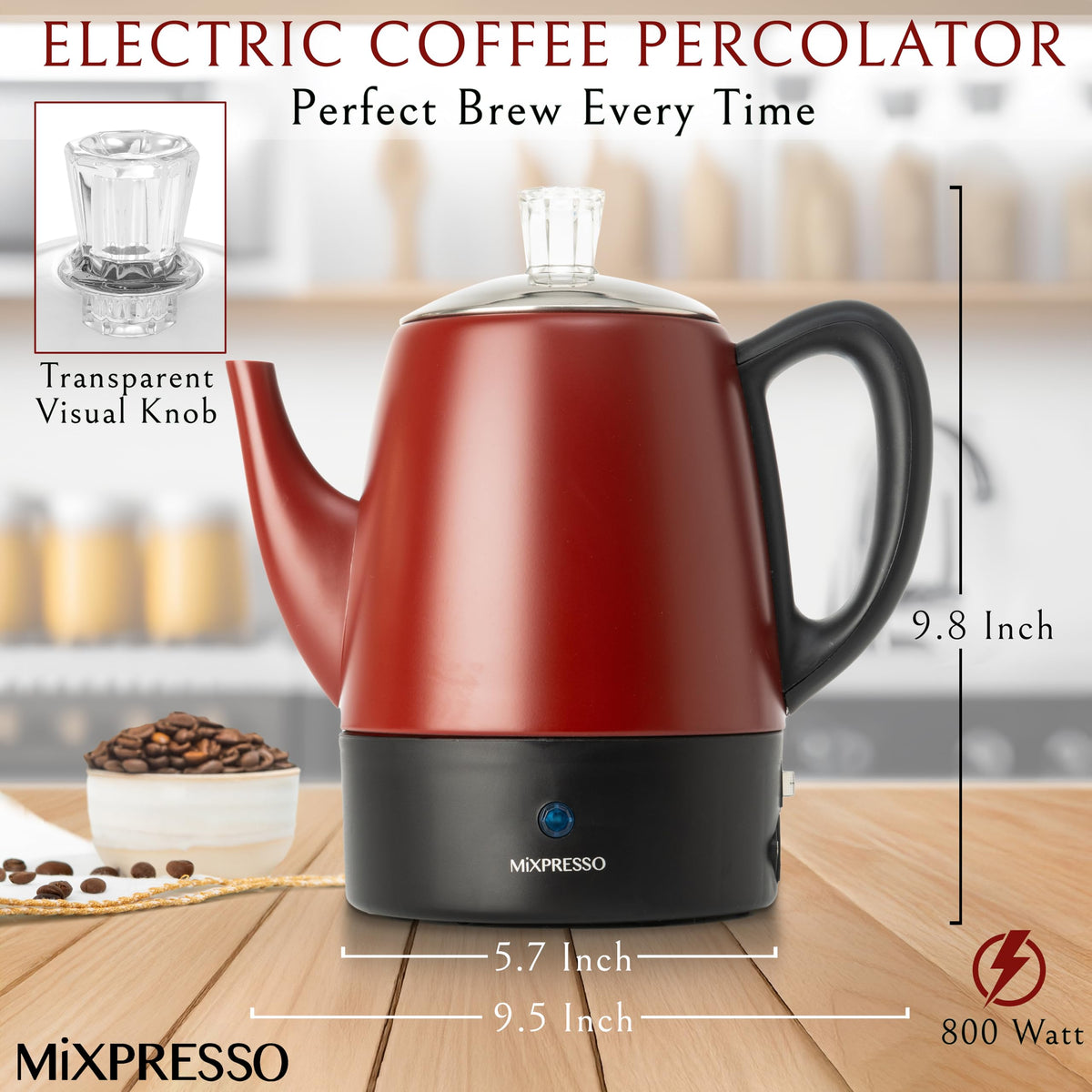 Mixpresso red small electric percolator top view highlights sleek stainless finish.