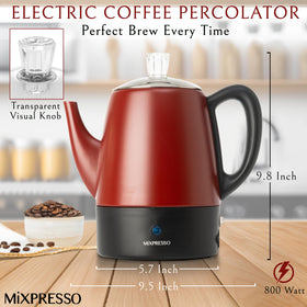 Mixpresso red small electric percolator top view highlights sleek stainless finish.