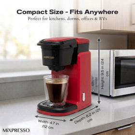 Mixpresso red coffee maker showing a clear, visible water tank