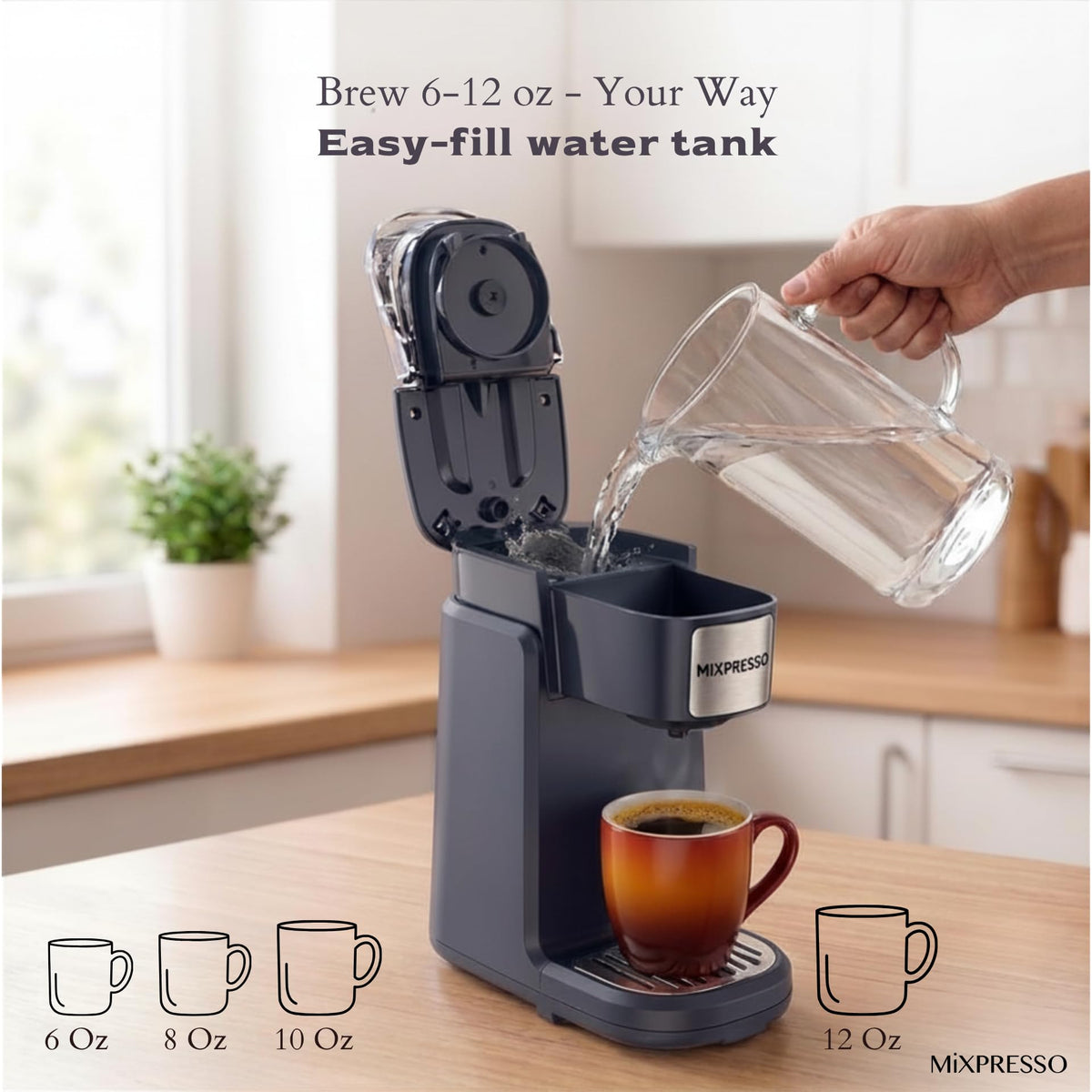 Mixpresso single cup coffee brewer control panel shows programmable one-touch operation.