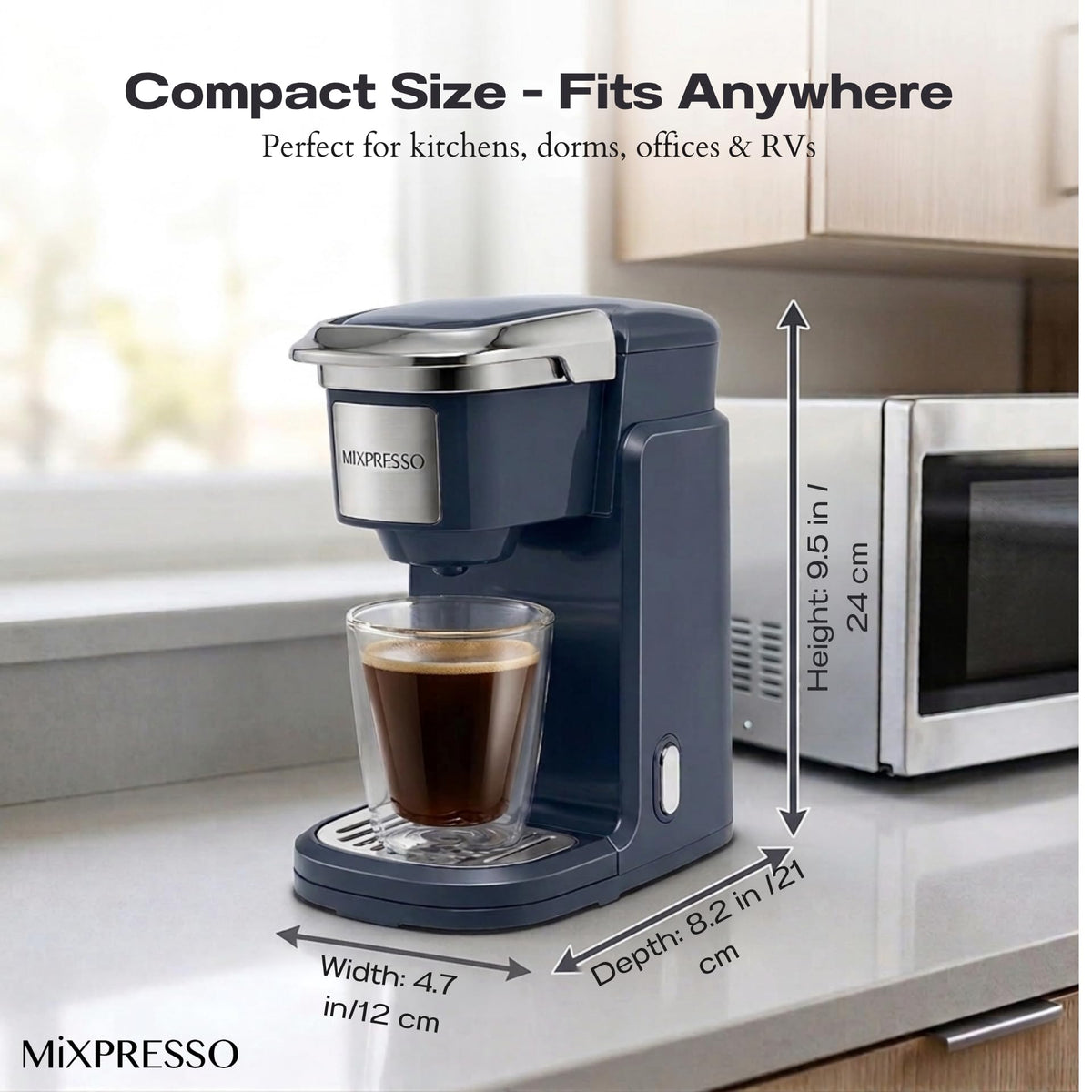 Mixpresso single cup brewer side view emphasizes compact footprint for small kitchens.