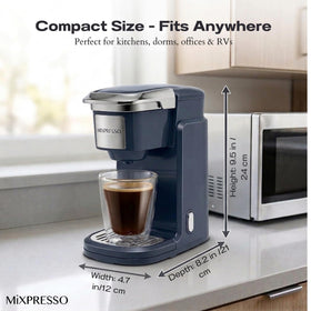 Mixpresso single cup brewer side view emphasizes compact footprint for small kitchens.