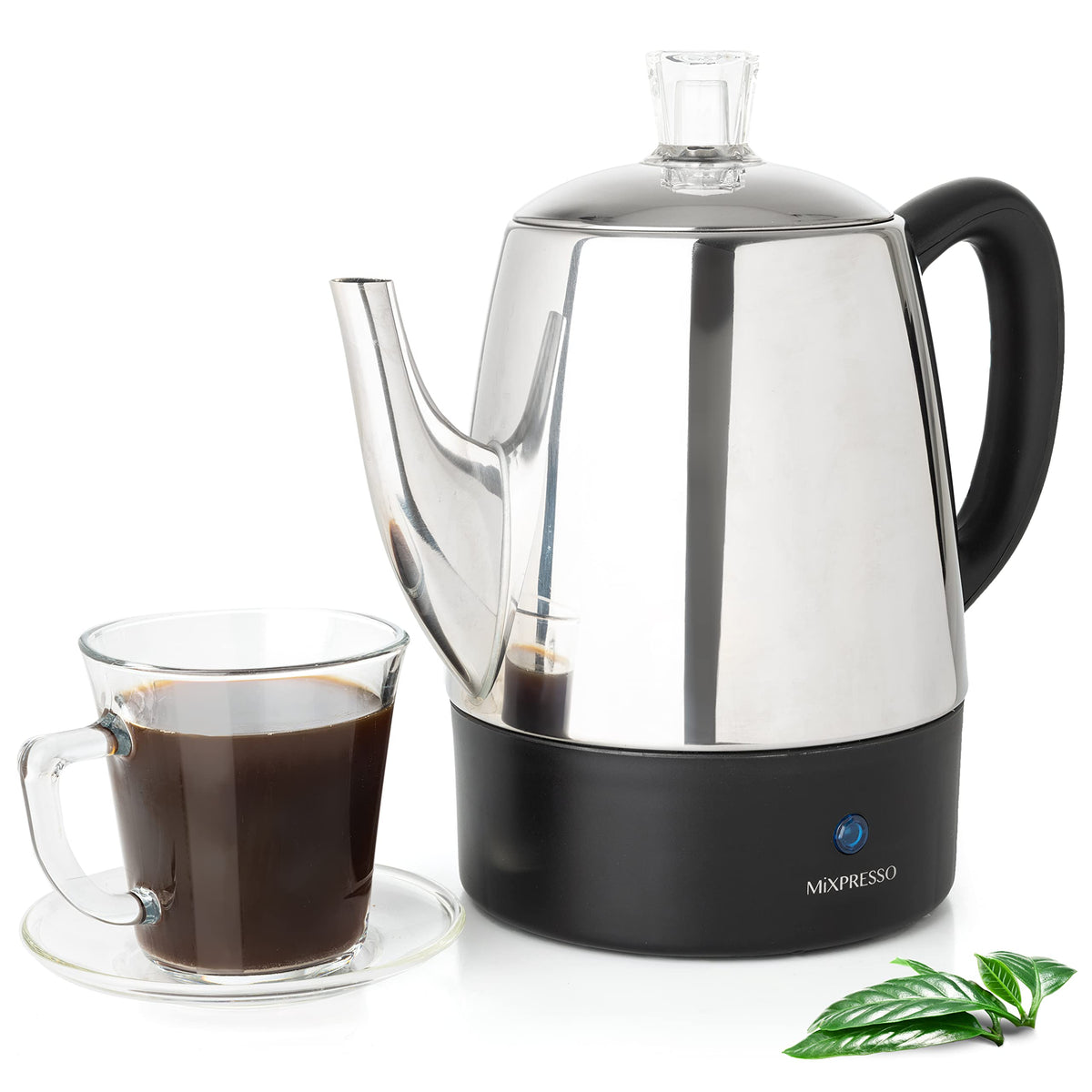 Mixpresso small electric percolator ready-to-brew, delivering bold coffee quickly for busy mornings.