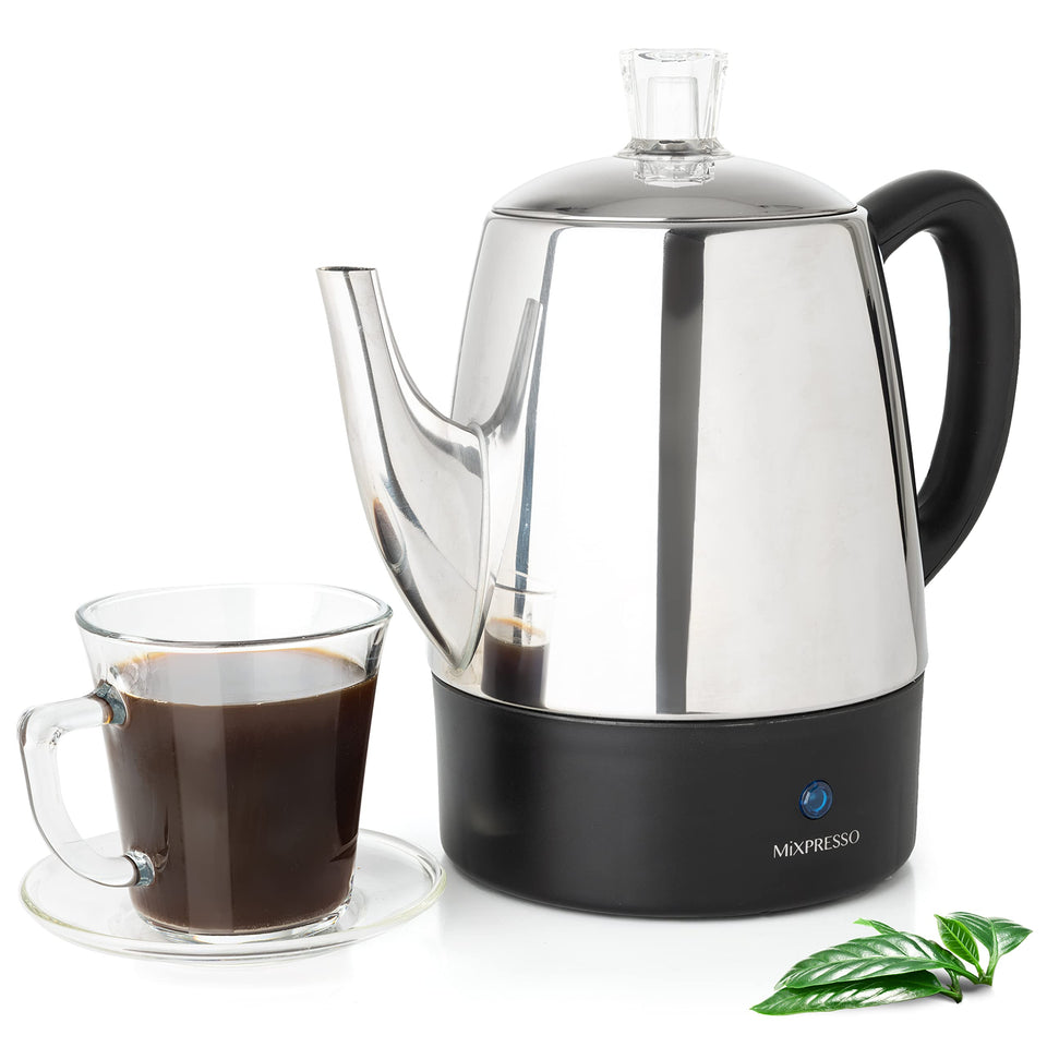 Mixpresso small electric percolator ready-to-brew, delivering bold coffee quickly for busy mornings.
