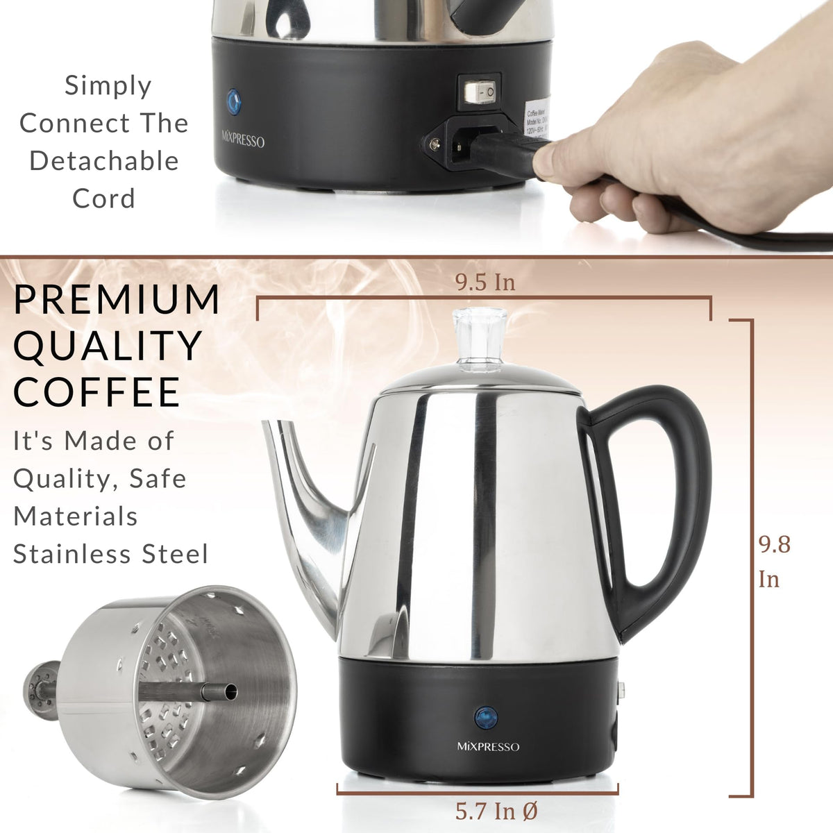 Mixpresso small electric percolator with stainless-steel body highlights durable construction and easy cleaning.
