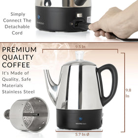 Mixpresso small electric percolator with stainless-steel body highlights durable construction and easy cleaning.