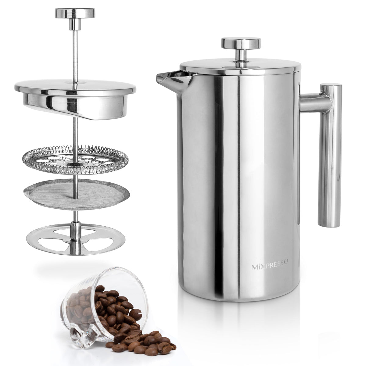 Mixpresso stainless steel French press 26oz showing ample capacity for multiple cups