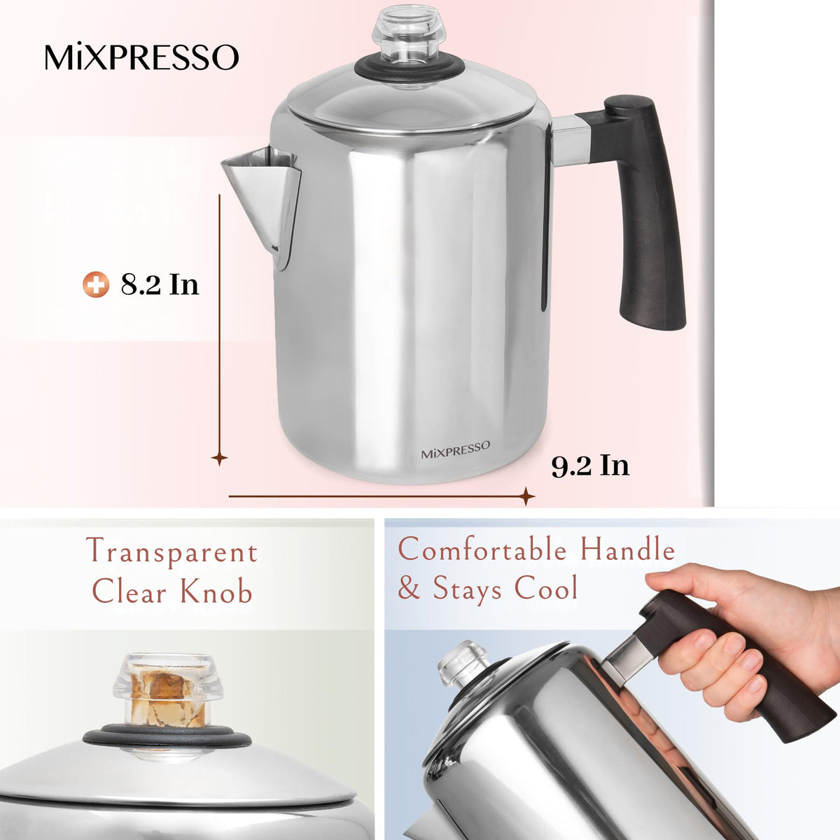 Mixpresso stainless steel percolator front view with polished finish and cool-touch handle.