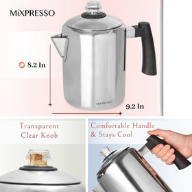 Mixpresso stainless steel percolator front view with polished finish and cool-touch handle.
