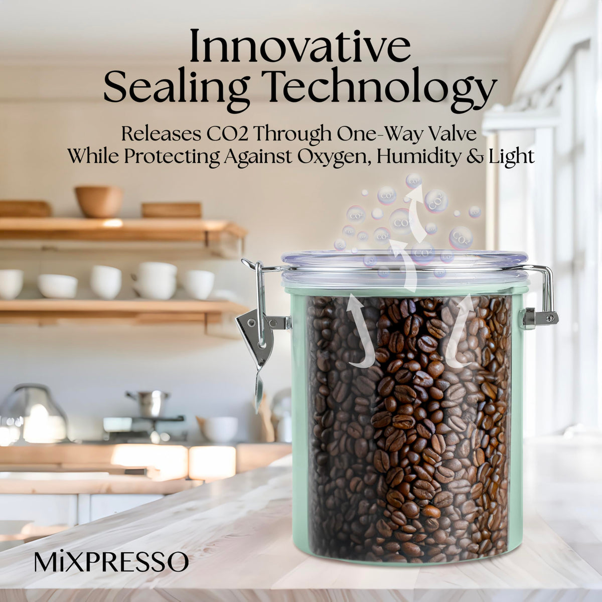 Stainless steel Mixpresso storage container for durable pantry organization.