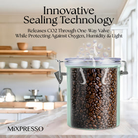 Stainless steel Mixpresso storage container for durable pantry organization.