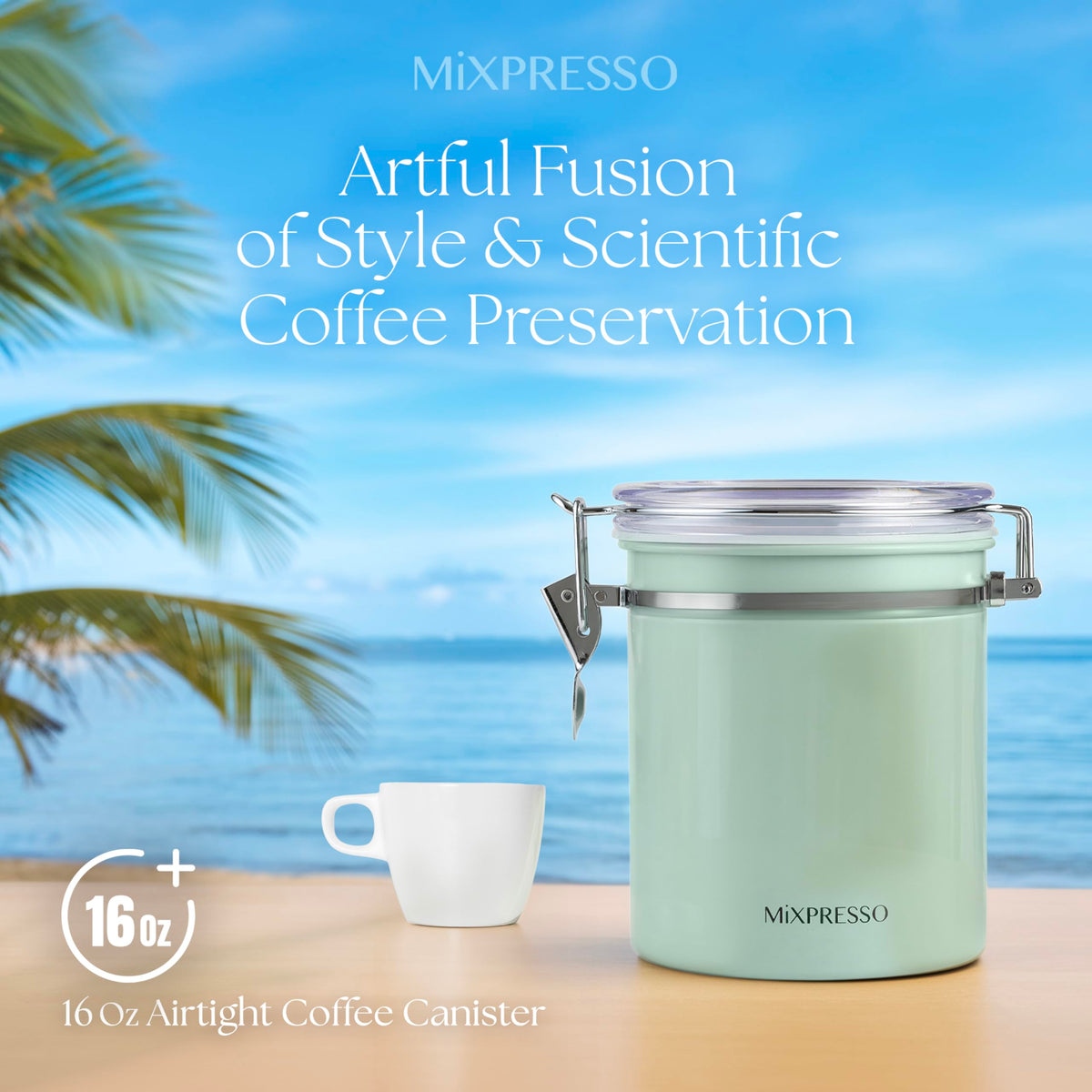 Mixpresso canister stores tea leaves, flour, or sugar for versatile pantry use.