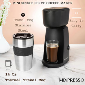 Mixpresso 14oz travel mug close-up for on-the-go convenience.