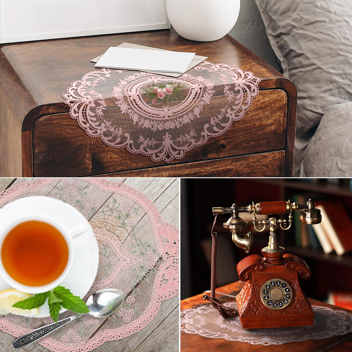 Mixweer cup vase table decor oval placemat protects surfaces with soft lace.