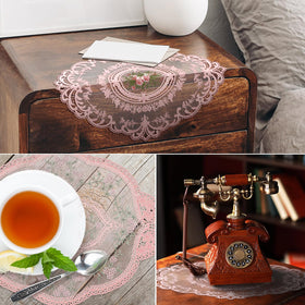 Mixweer cup vase table decor oval placemat protects surfaces with soft lace.