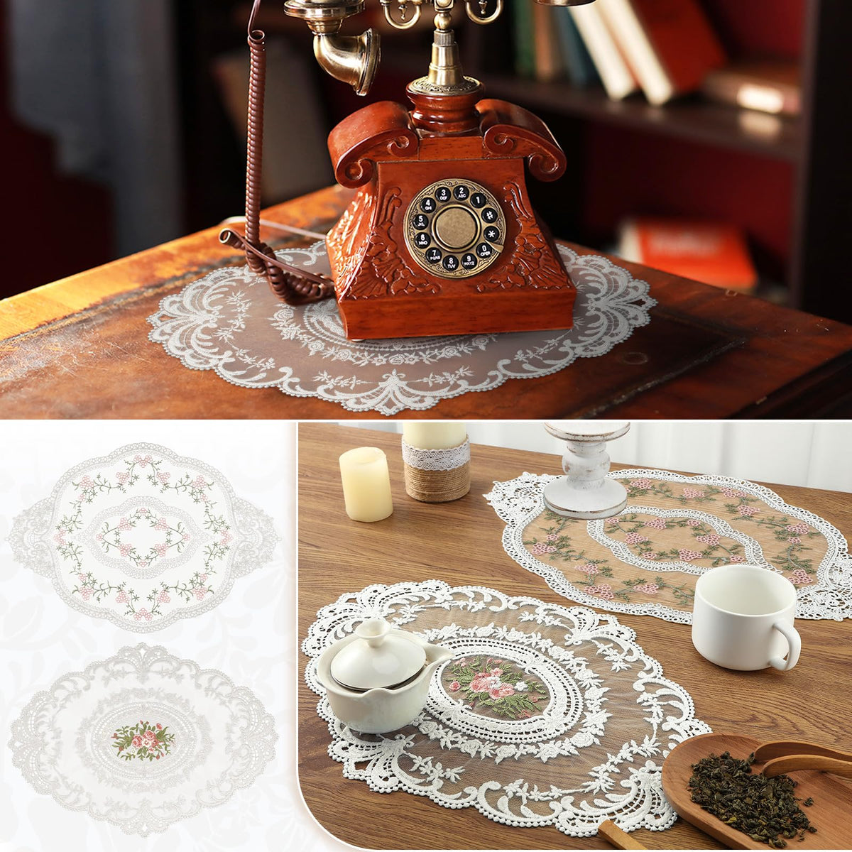 Mixweer white lace doily texture adds French inspired decor to table