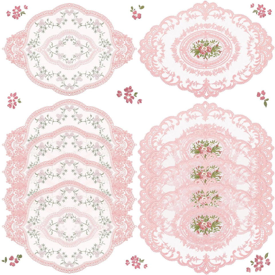 Mixweer pink retro lace placemat with oval embroidery elevates elegant table settings.