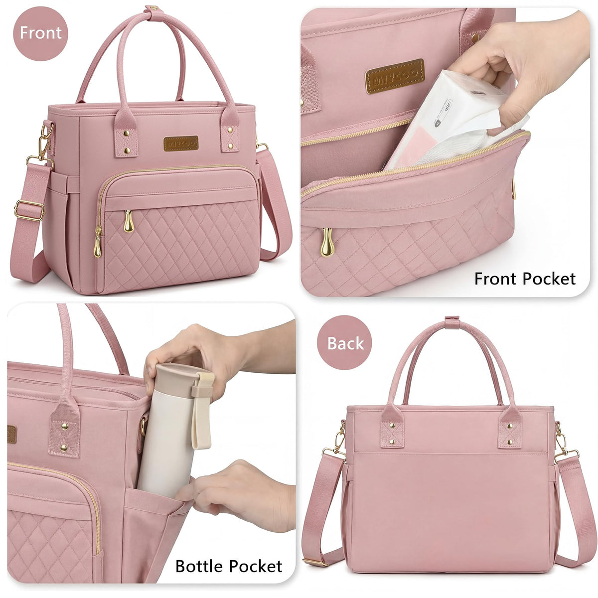 MIYCOO lunch bag carry options, top handle and adjustable strap.